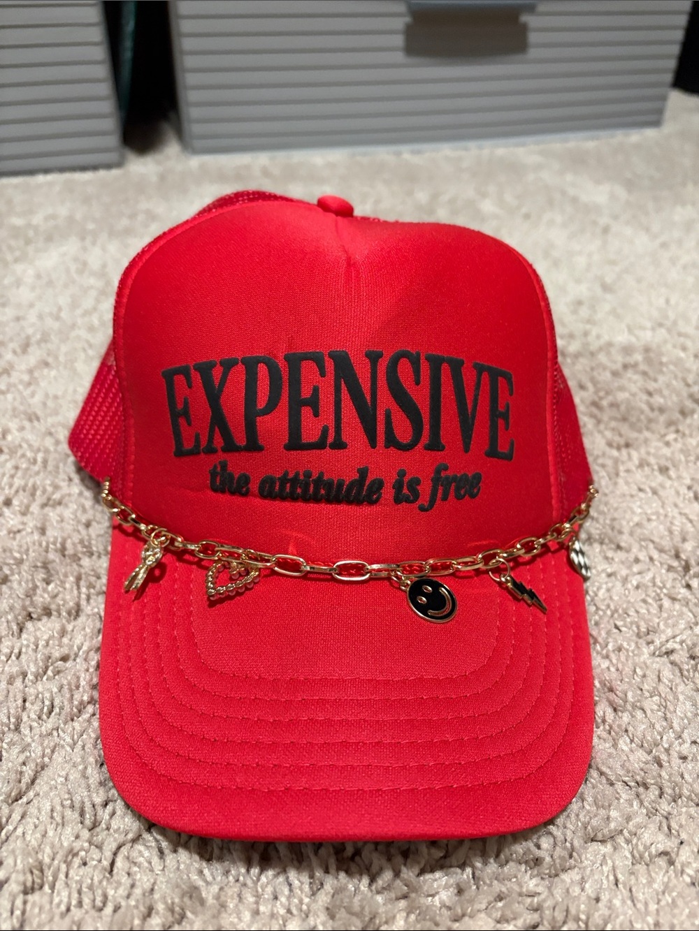 Red Trucker Hat with Gold Charm Chain
